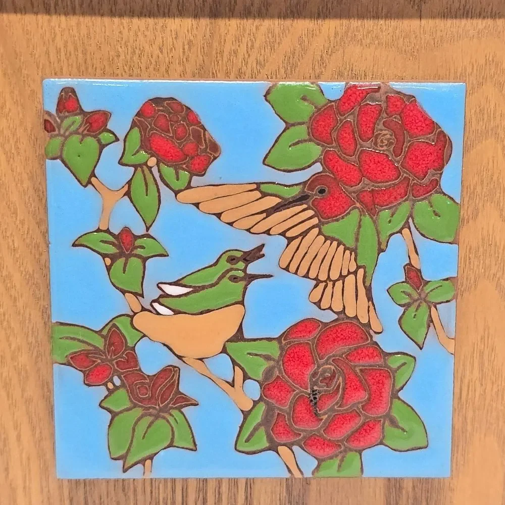 Vintage Earthtones Hummingbird Tile Trivet Art Ceramic Hand Painted Pottery USA